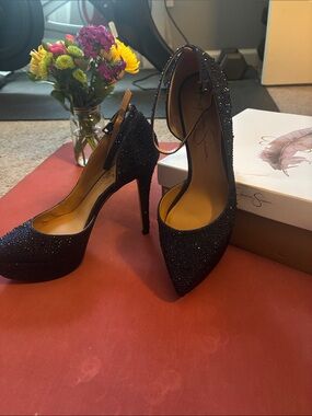 Jessica Simpson Blue Glitter Pointed Toe Ankle-Strap Stilettos
